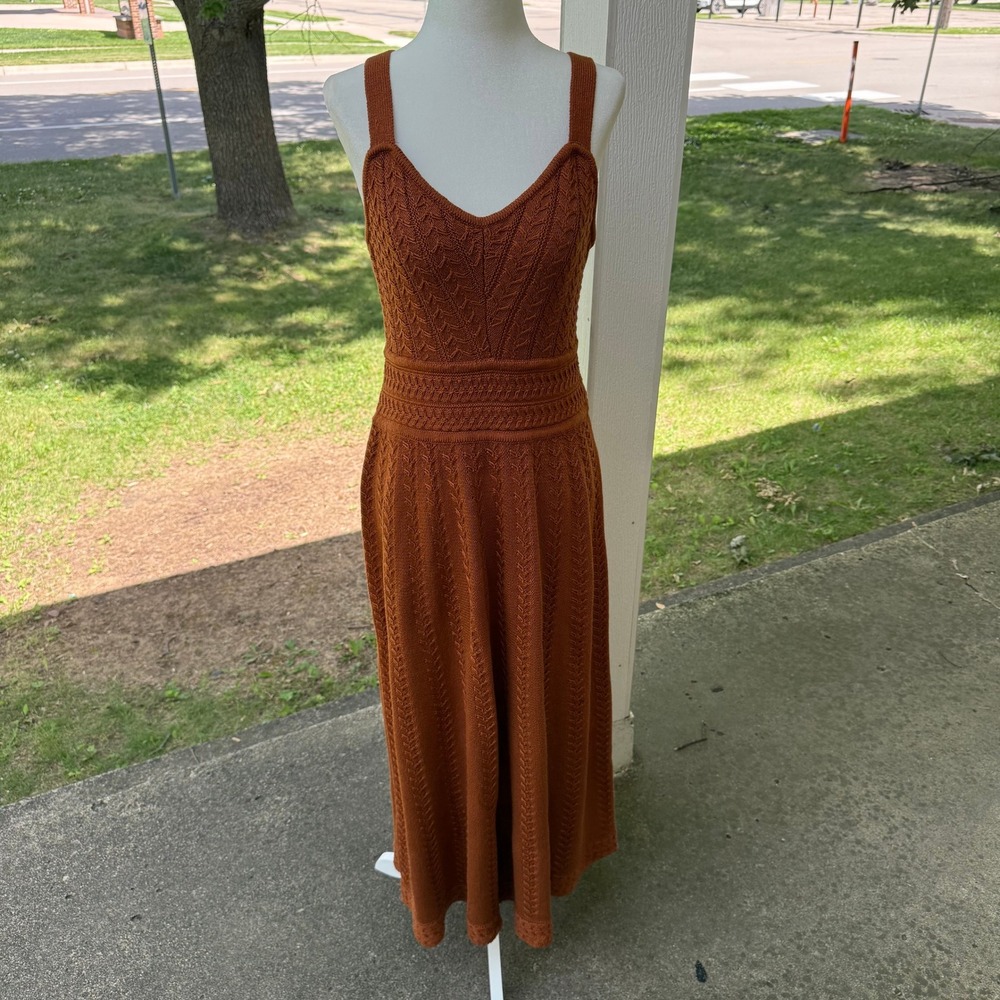 Ryegrass Boho Rust Orange Pointelle Cable Knit Midi Dress Sleeveless V-Neck Sz L